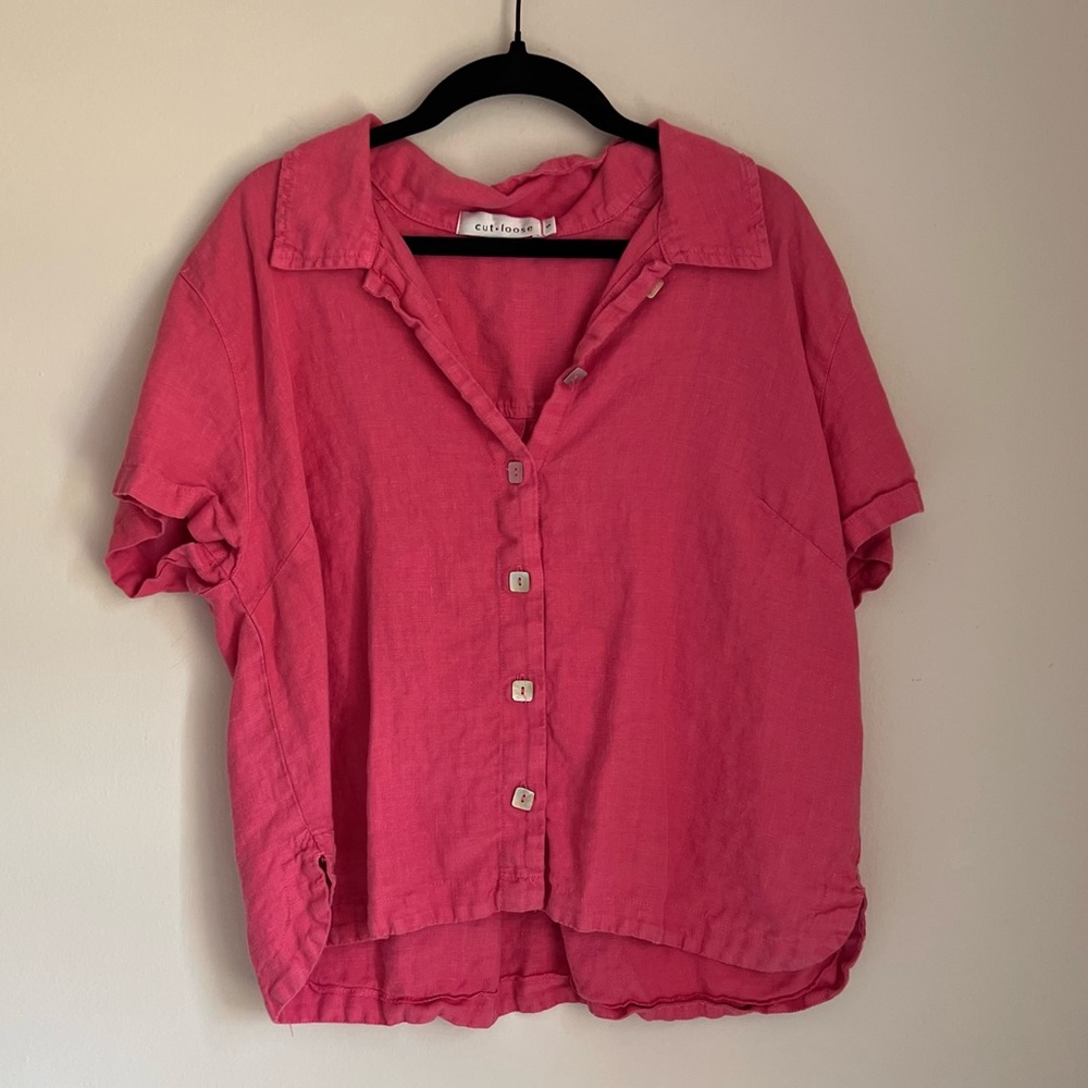 CutLoose Short Sleeve 100% Linen Button Down Top Crop